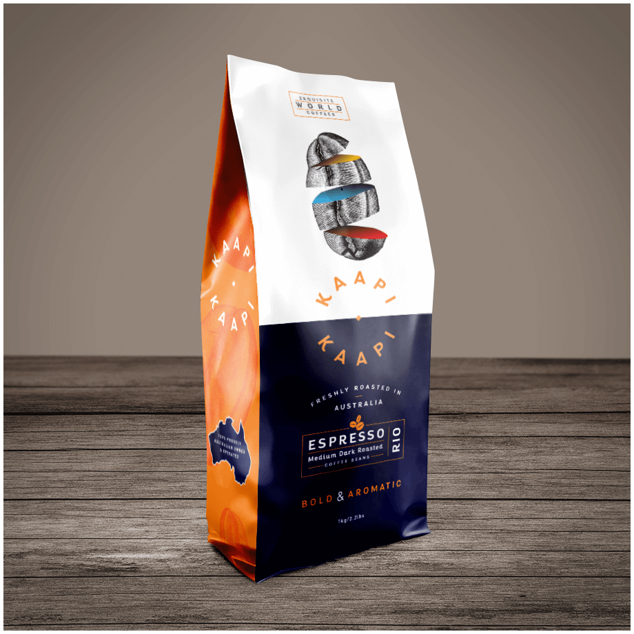 Cafe Espresso RIO. Medium dark roast. Chocolate, earth, nuts, spice. Brazil, Ethiopia, India